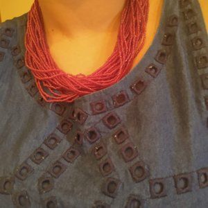 Vintage red glass seed bead multi strand necklace
